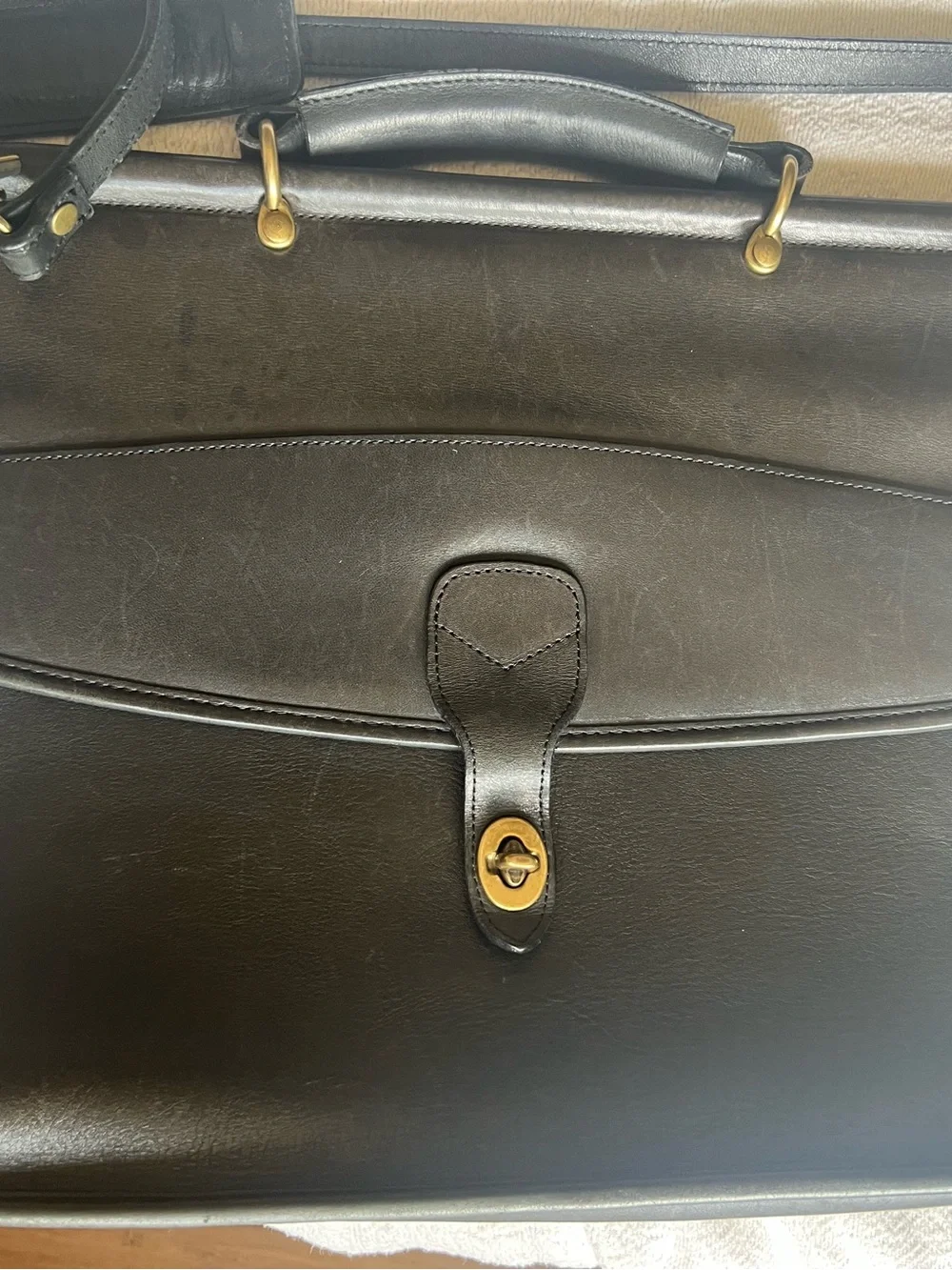 VINTAGE Black Leather Briefcase Shoulder Bag Classic Satchel Style Brass Harware